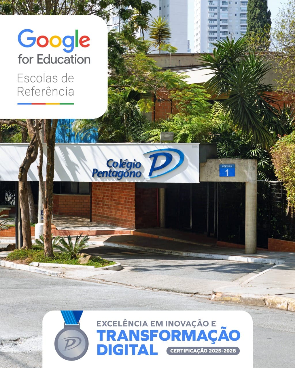 Foto do colégio Pentágono Morumbi com destaque para alunos e professores em ambiente de aprendizado digital, simbolizando o reconhecimento como Escola de Referência Google.